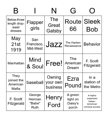 1920's Bingo Card
