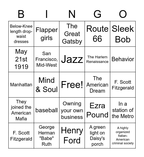 1920's Bingo Card