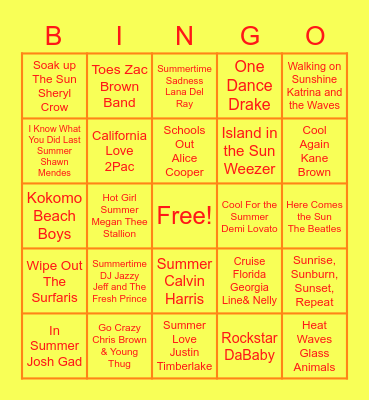 Summer Hits Bingo Card