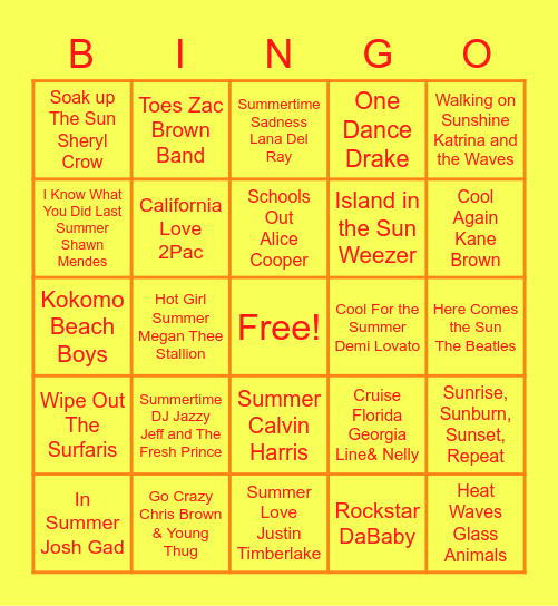 Summer Hits Bingo Card