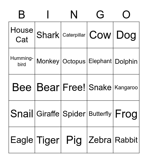 Ms. Bailey Animal Bingo Card