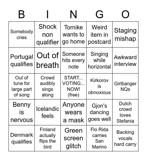 Bluebell's Eurovision 2021 SF2 Bingo! Bingo Card