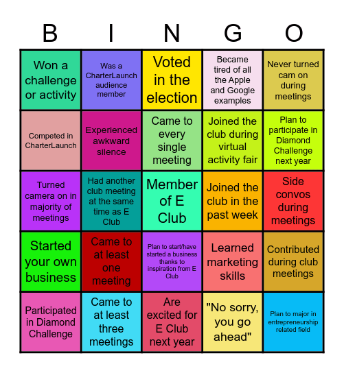 Entrepreneurship Club Bingo Card
