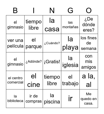 Vocabulario de 4A - ¿Adónde vas...? Bingo Card