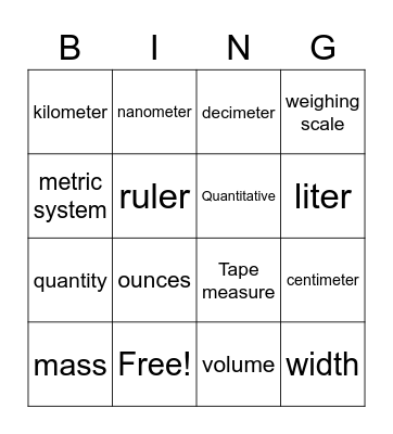 Science mesurement Bingo Card