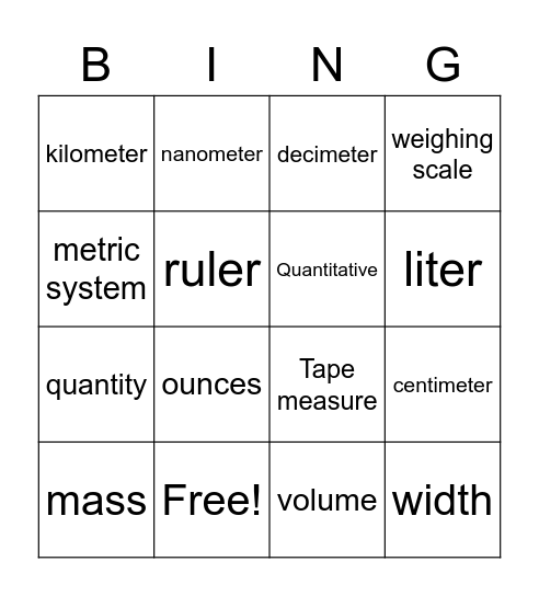 Science mesurement Bingo Card