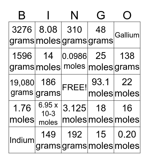 Mole-O Bingo Card