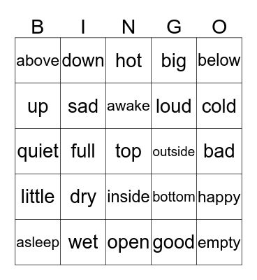 Antonyms (Opposites) Bingo Card