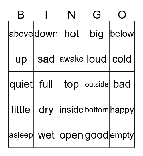 Antonyms (Opposites) Bingo Card