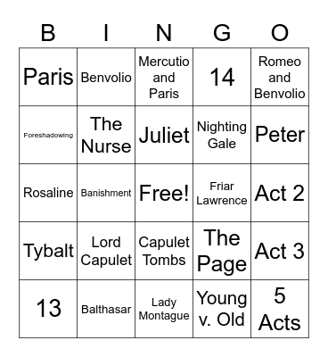 Romeo and Juliet Bingo Card