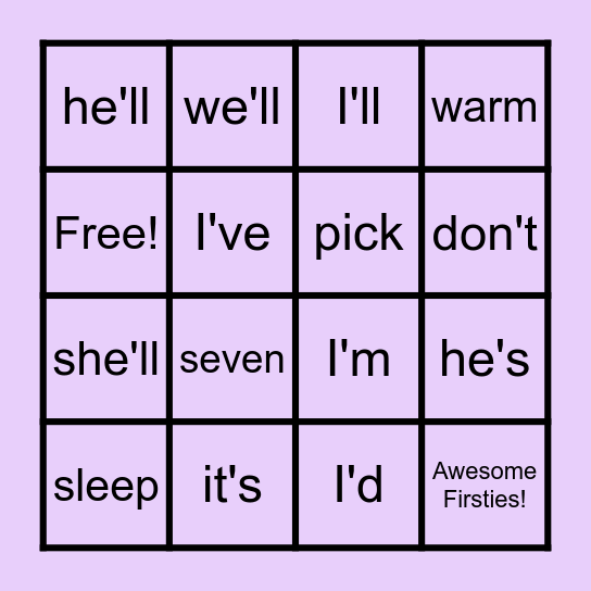 Contractions & Sight Words Bingo Card