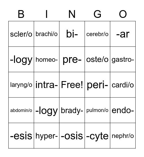 Medical Terminology Bingo Card