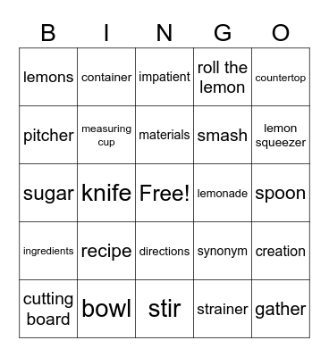 Lemonade Bingo Card