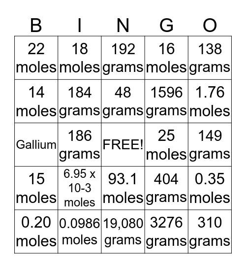 Mole-O Bingo Card