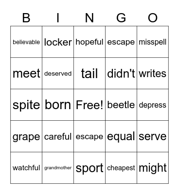 Spelling Bingo Card