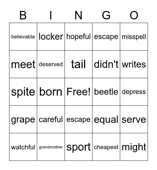 Spelling Bingo Card