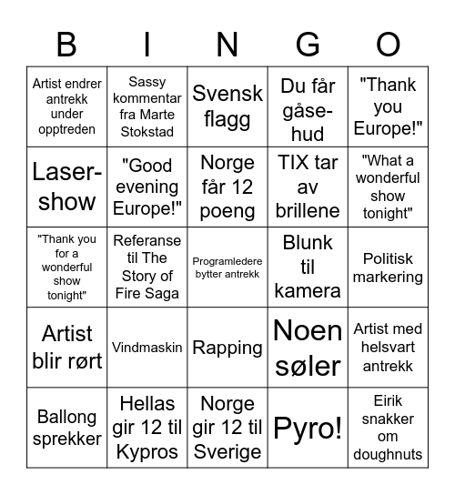 Eurovision 2021 Bingo Card
