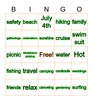 Summer Time Bingo Card