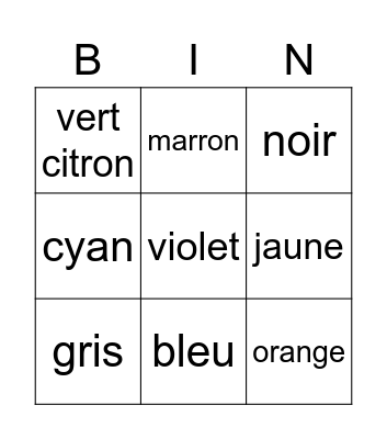 French Colors Bingo Card