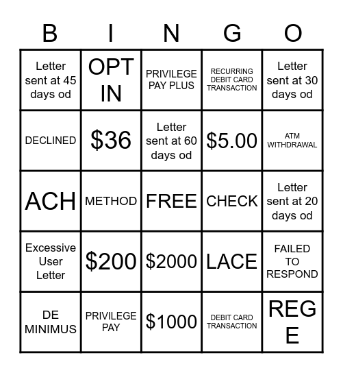 PRIVILEGE PAY & PRIVILEGE PLUS Bingo Card