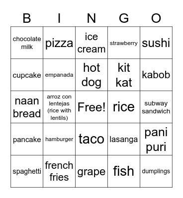 Stellar Super Stars Food Bingo Card