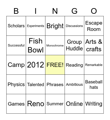 STARS Summer Camp! Bingo Card