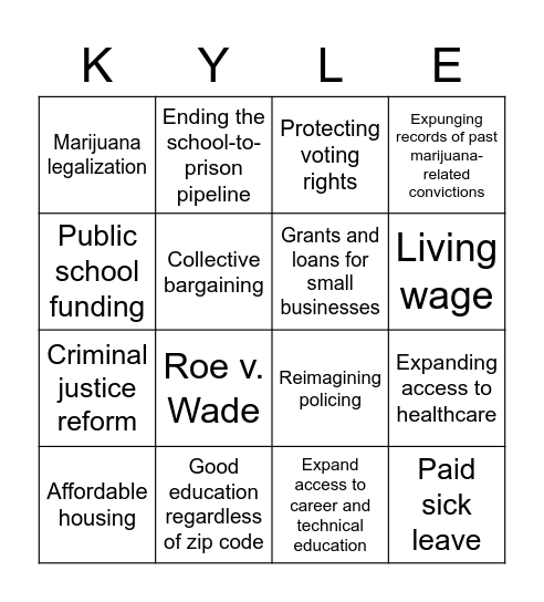 Team Kyle Debate Watch Party Bingo Card