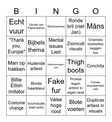 Eurovision 2021 Bingo Card