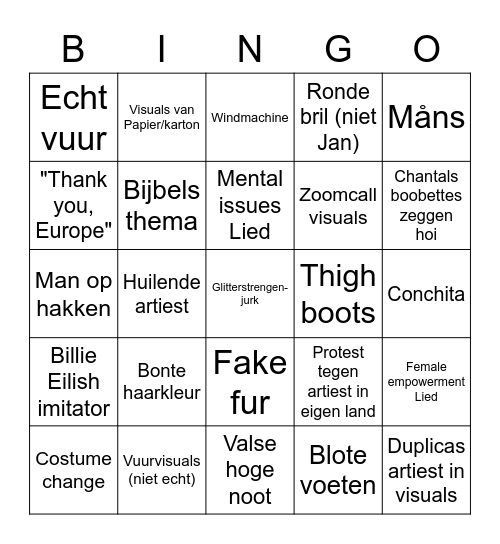 Eurovision 2021 Bingo Card