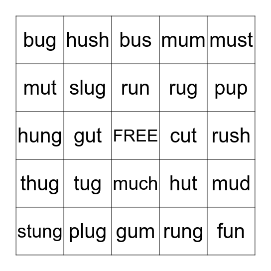SHORT U Bingo Card