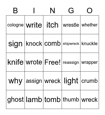 Silent Letters Bingo Card