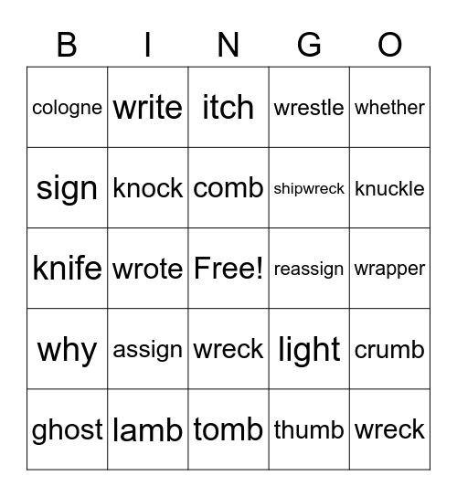 Silent Letters Bingo Card