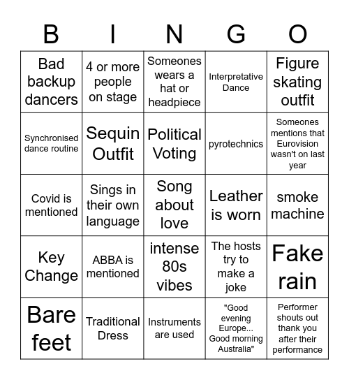 Eurovision 2021 Bingo Card