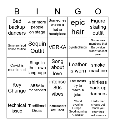 Eurovision 2021 Bingo Card