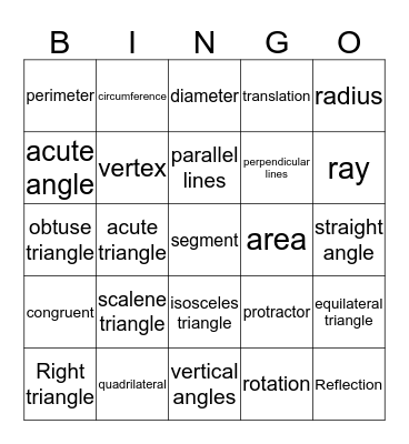Geometry Vocabulary Bingo Card