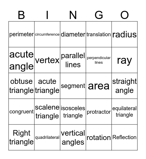 Geometry Vocabulary Bingo Card