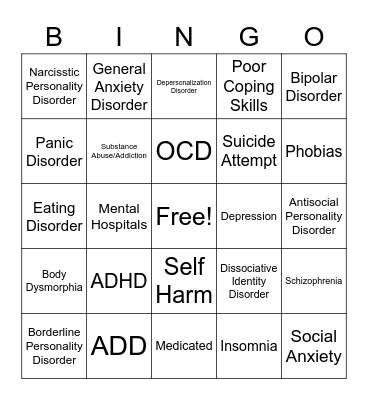 Mental Health Bingo Card