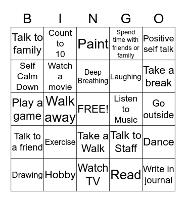 Coping Skills Bingo Card