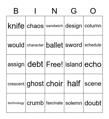 Silent Letter Bingo Card
