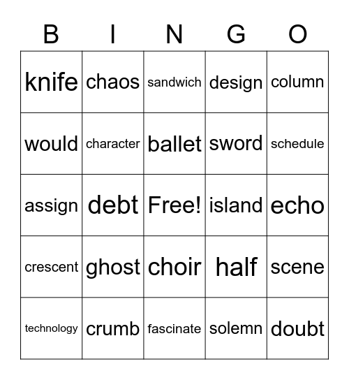 Silent Letter Bingo Card