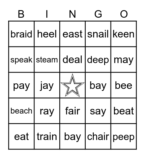 -ay, -ee, -ai, -ea Bingo Card