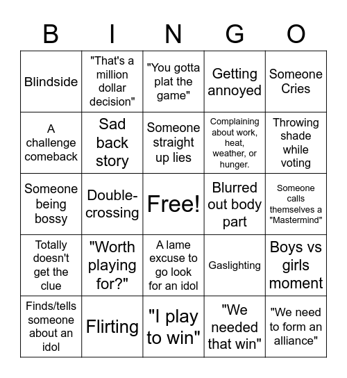 Survivor YRT Bingo Card