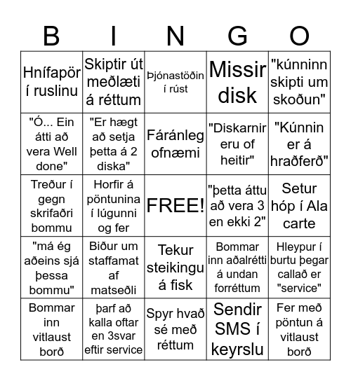 Þjónabingó Bingo Card