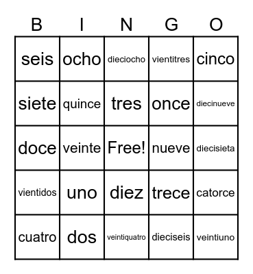 Spanish Numbers Bingo Card