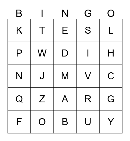 Beginning Letters Bingo Card