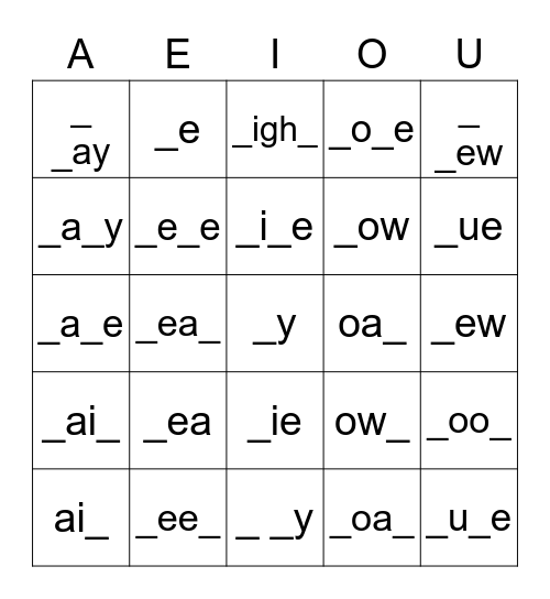 Long Vowel Spelling Patterns Bingo Card