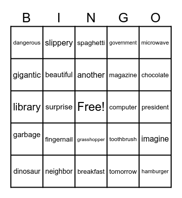 2 and 3 Multisyllable Words Bingo Card