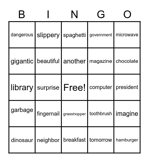 2 and 3 Multisyllable Words Bingo Card