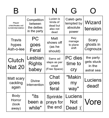 C2E139: Oh God Oh No Bingo Card