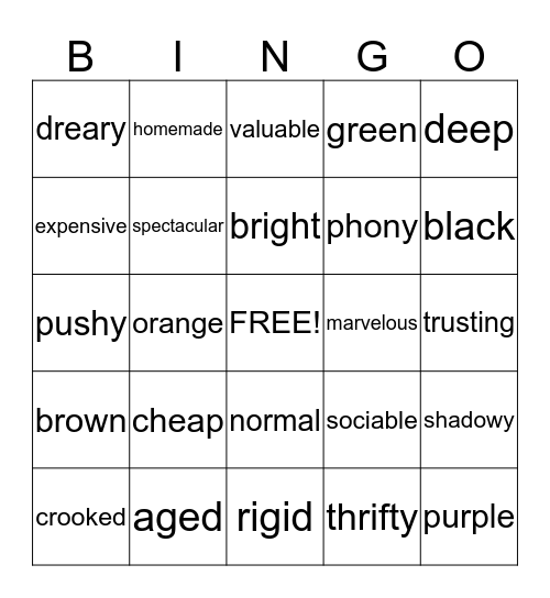 Desciption Words Bingo Card
